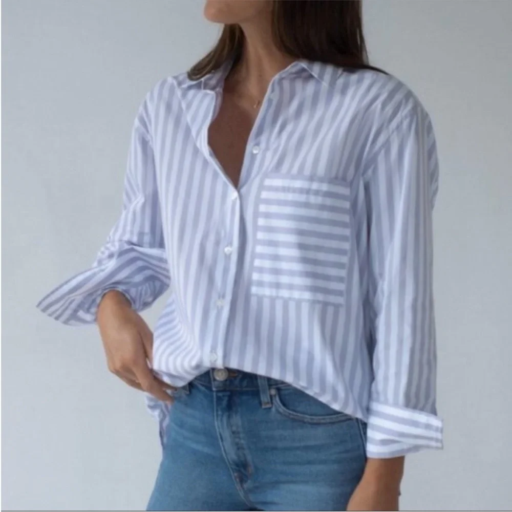 AYR The Deep End Button Down Shirt in Lilac Stripe Size Medium - Picture 2 of 7